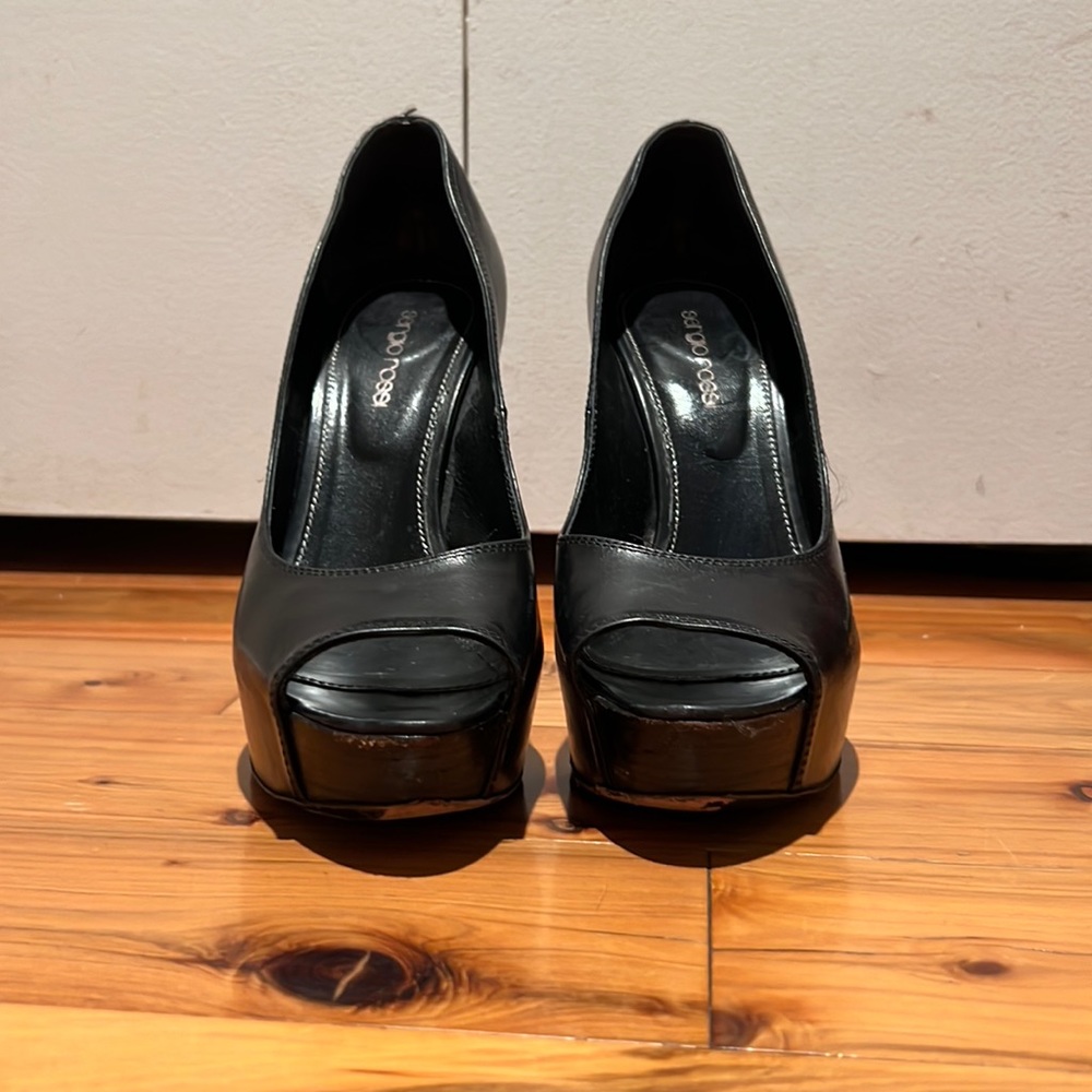Sergio Rossi Black Platforms Peep Toe Leather